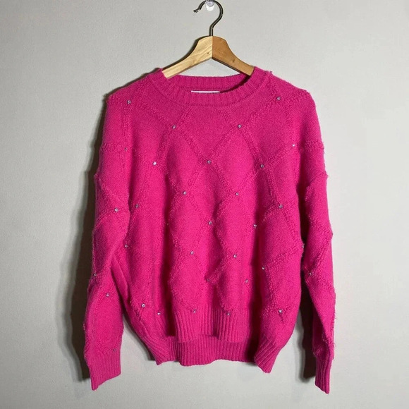 NWT Nanette Lepore Bedazzled Cable Knit Crewneck Pullover Sweater Women's M Pink - Picture 3 of 14